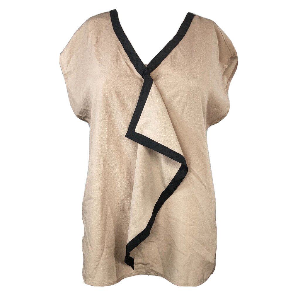 Loft Shirt Womens Sz S Brown Taupe Wrap Look Short Sleeved V-Neck Ruffle‎